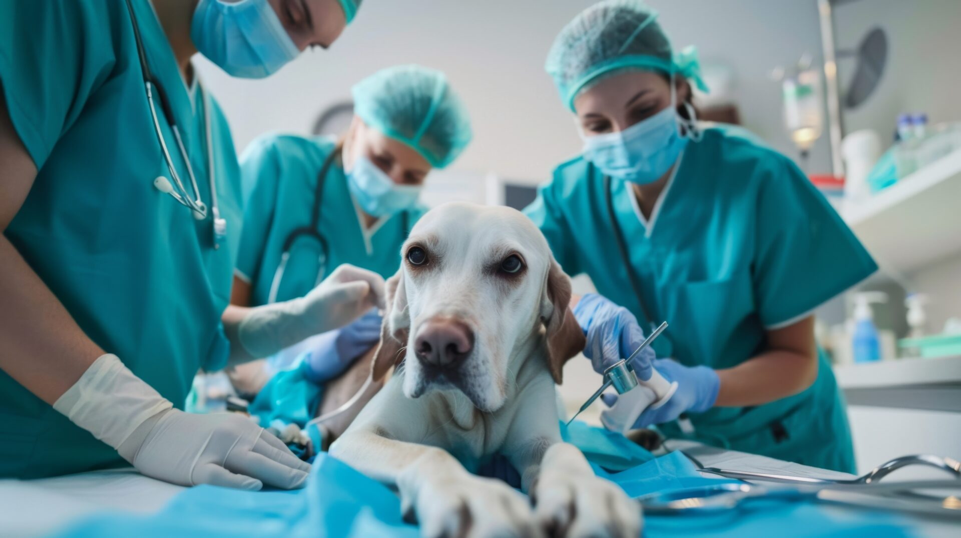 A dog is being examined by doctors in the operating room.