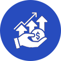 A blue circle with a hand holding money and arrows.