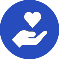 A blue circle with a hand holding a heart.