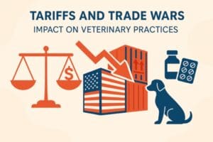 Illustration on tariffs' impact on veterinary practices with US flag, scales, and animal symbols.