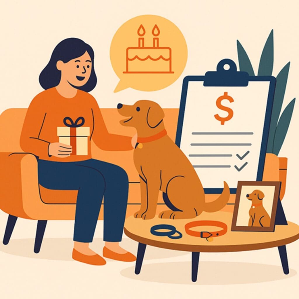 A woman celebrating her dog's birthday with cake and gifts.