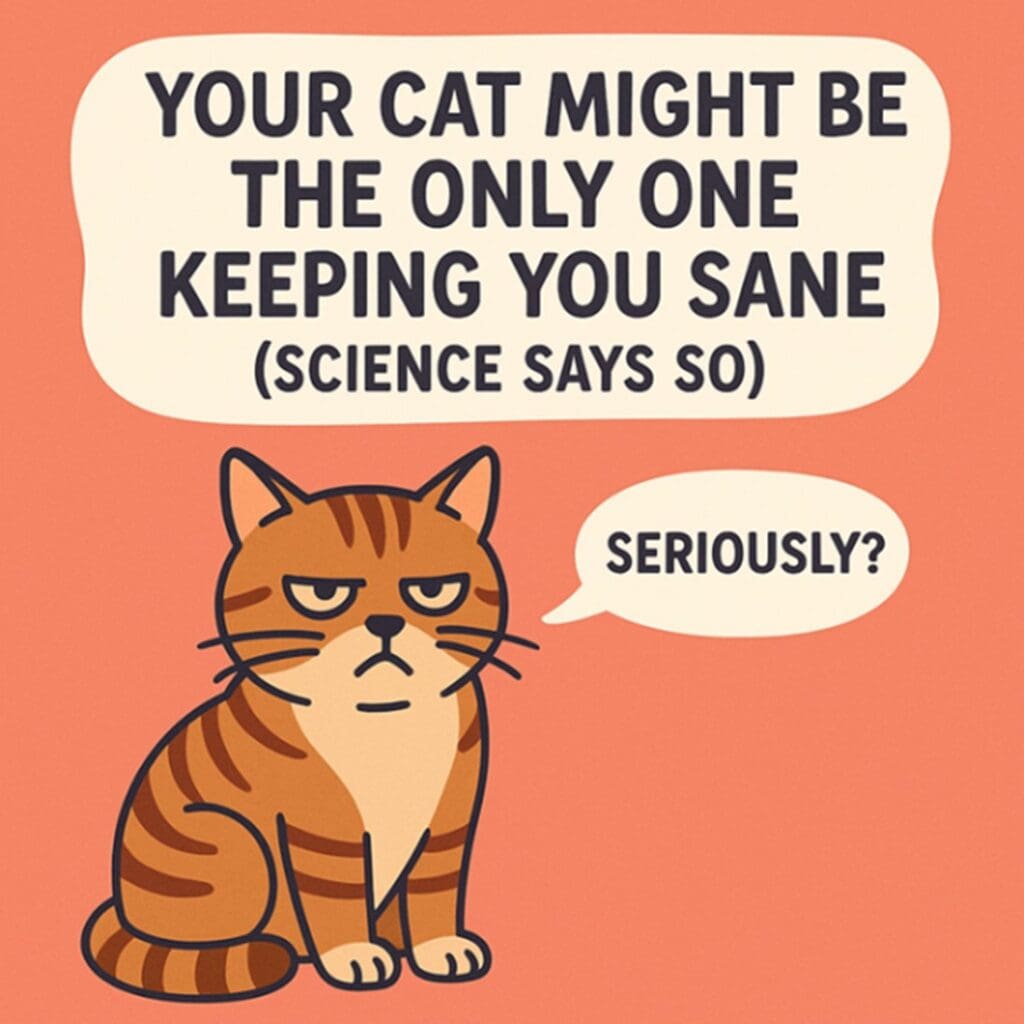 Cartoon cat saying it keeps you sane, with a funny tone.