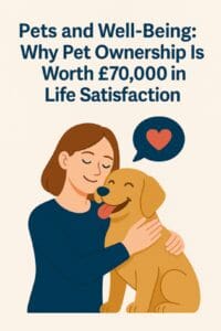 Illustration showing a woman happily hugging a dog with a heart symbol.