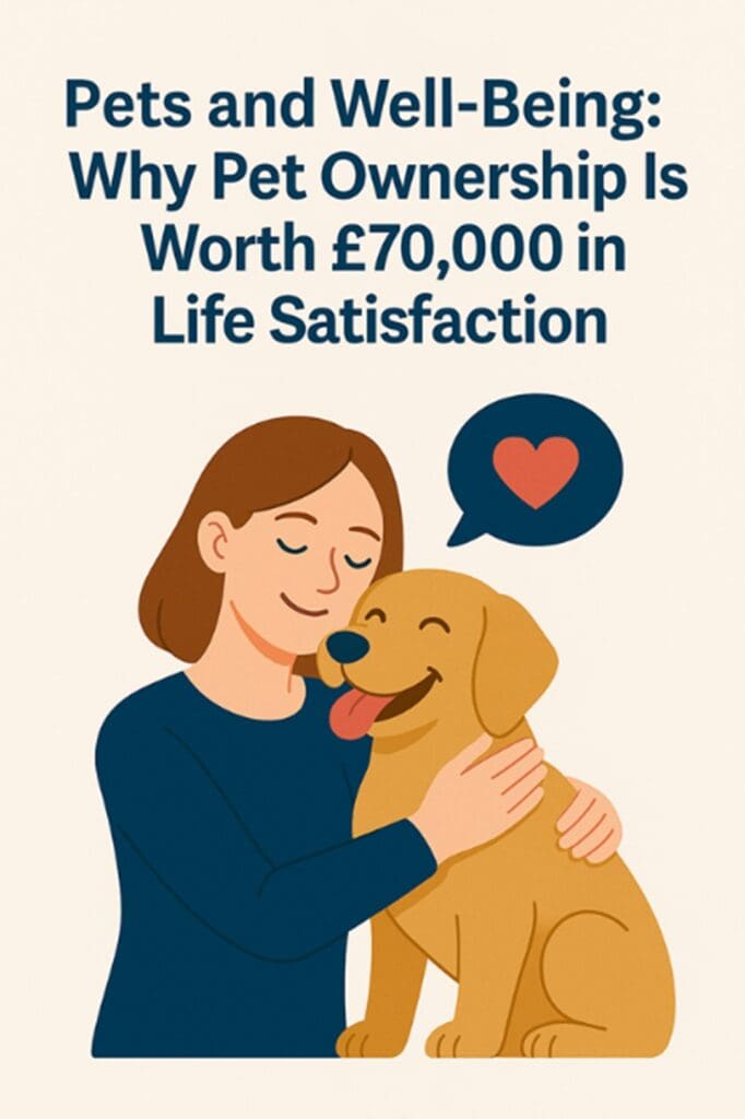 Illustration showing a woman happily hugging a dog with a heart symbol.