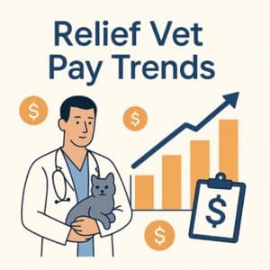 Veterinarian with cat showing rising pay trends and dollar signs.
