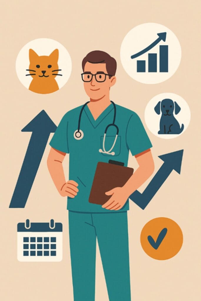 Veterinarian with medical icons representing pet care and health.