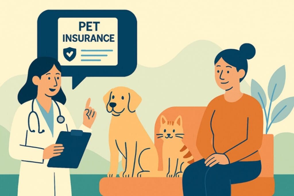 Veterinarian explaining pet insurance to a pet owner with her dog and cat.