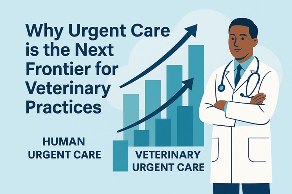 Graphic comparing human and veterinary urgent care growth with a doctor and upward graph.