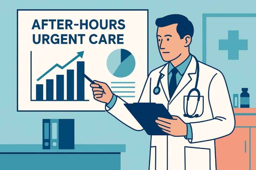 Doctor presents after-hours urgent care statistics with charts.