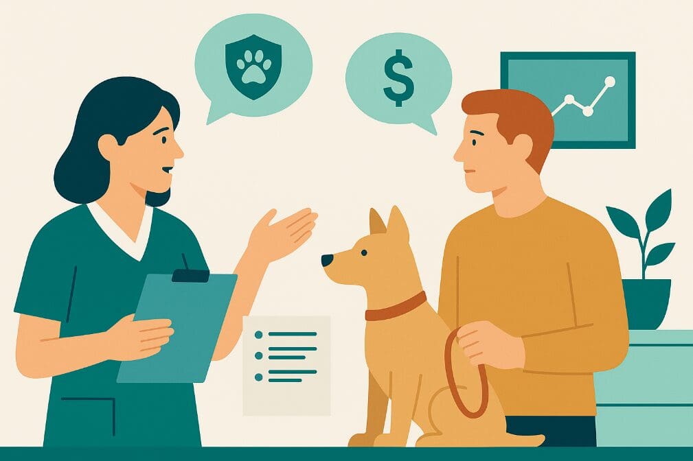 Two people discussing pet care and costs with a dog present.