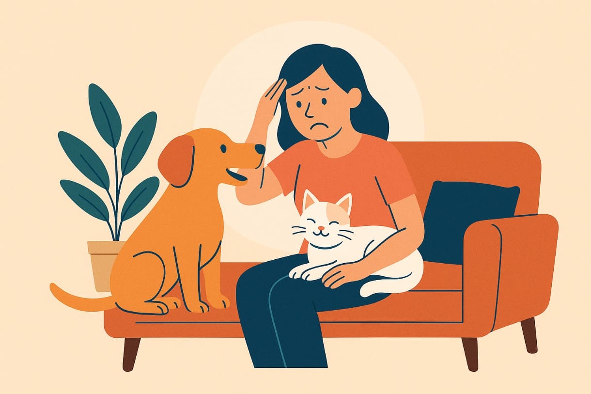 Woman sitting on a couch with a dog and a cat.
