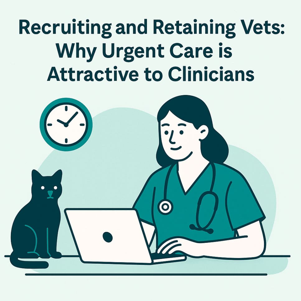 Illustration of a clinician working at a laptop with a cat nearby, highlighting urgent care and vet recruitment.