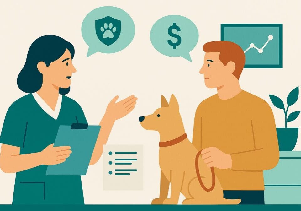 Two people discussing pet care and costs with a dog present.