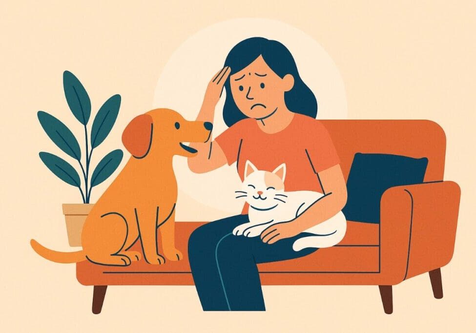 Woman sitting on a couch with a dog and a cat.