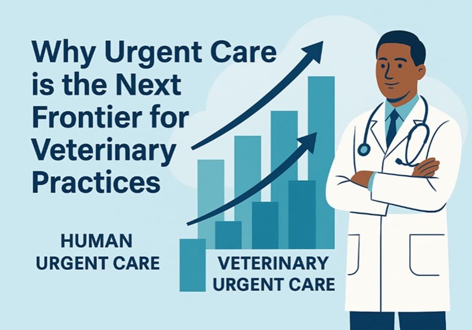 Graphic comparing human and veterinary urgent care growth with a doctor and upward graph.