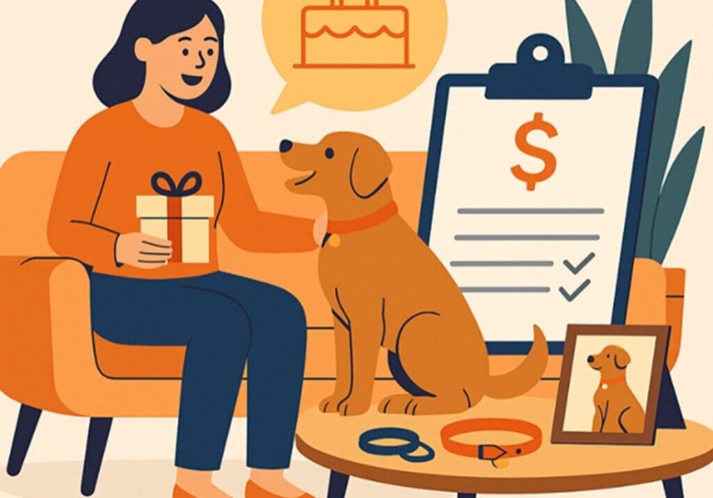 A woman celebrating her dog's birthday with cake and gifts.