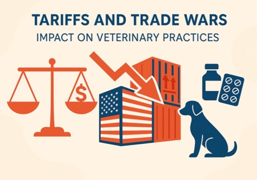 Illustration on tariffs' impact on veterinary practices with US flag, scales, and animal symbols.