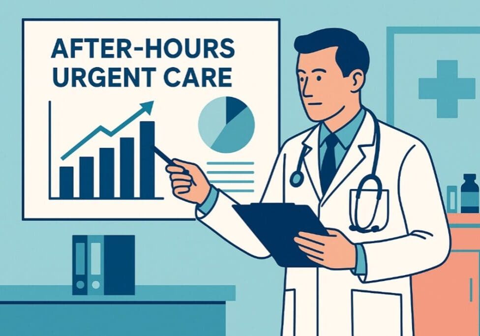 Doctor presents after-hours urgent care statistics with charts.