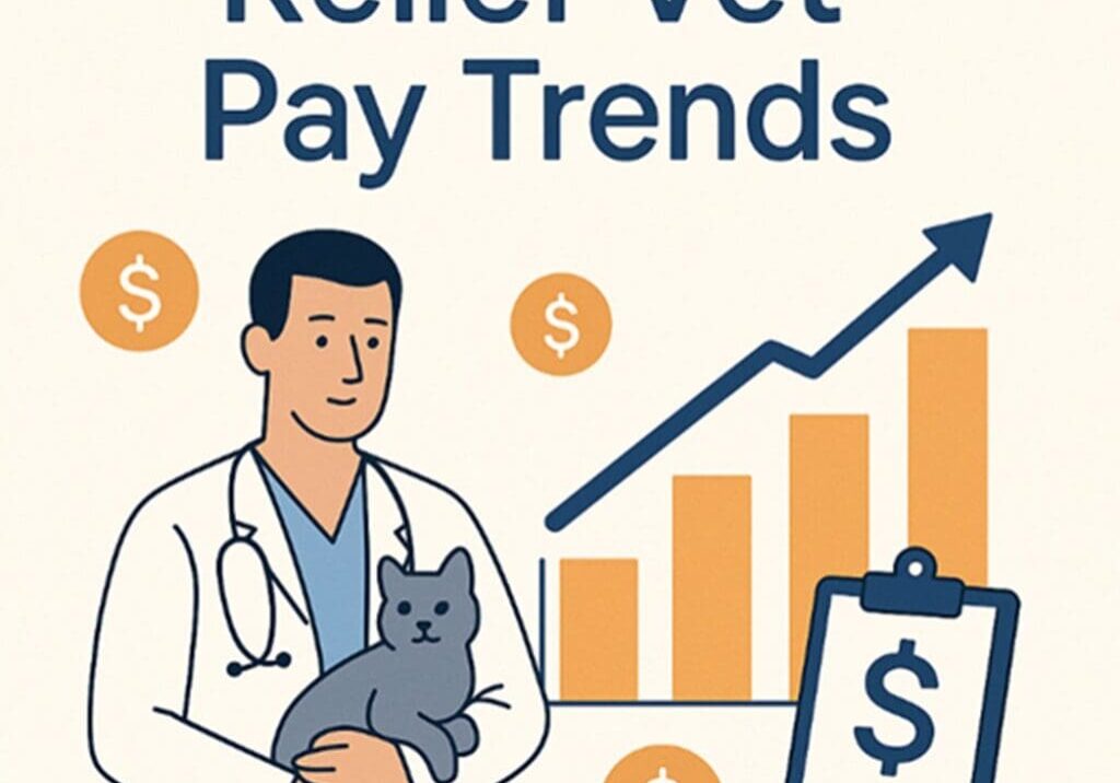 Veterinarian with cat showing rising pay trends and dollar signs.