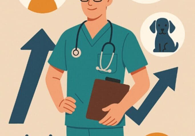 Veterinarian with medical icons representing pet care and health.