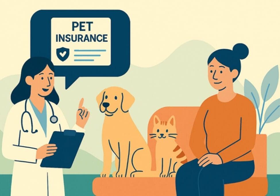 Veterinarian explaining pet insurance to a pet owner with her dog and cat.