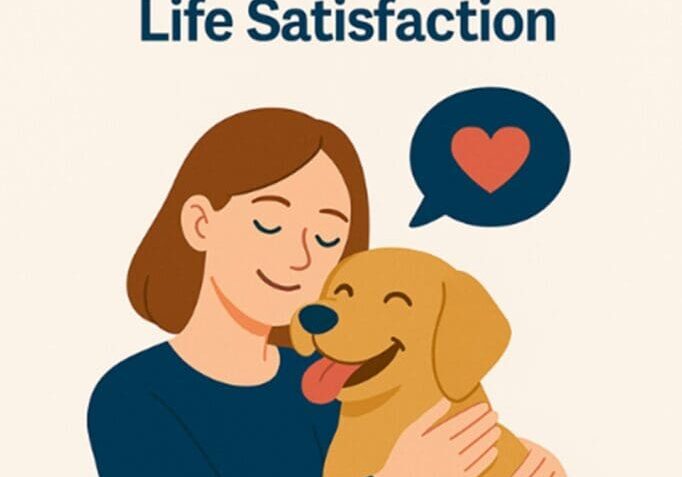 Illustration showing a woman happily hugging a dog with a heart symbol.