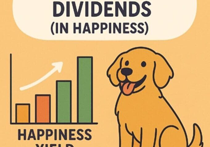 Illustration of a happy dog explaining happiness yield and dividends.