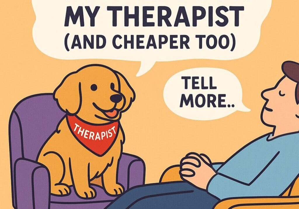 Comic of a person and dog with humorous therapy caption.
