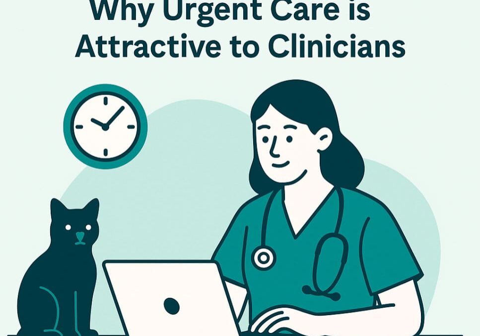 Illustration of a clinician working at a laptop with a cat nearby, highlighting urgent care and vet recruitment.